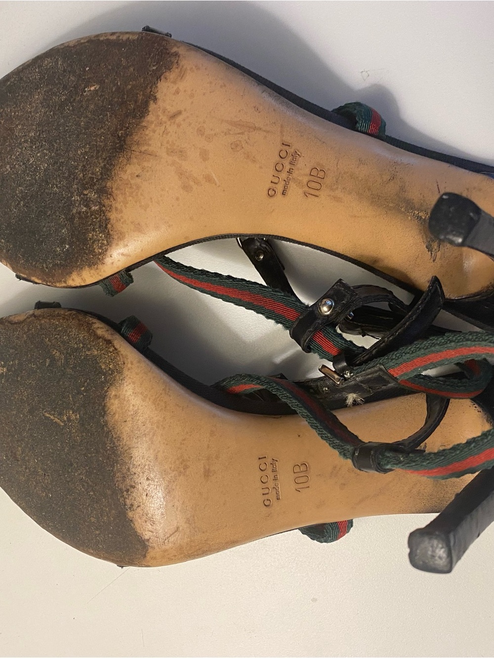 FLAWS Vintage Gucci Heels Size 10 Red Green Logo Hardware Strappy FLAW 90s - Picture 12 of 17